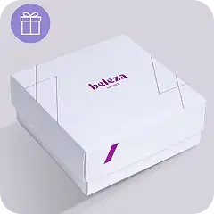 Caixa de presente branca com a marca Beleza na Web, representando a opção de embalagem.