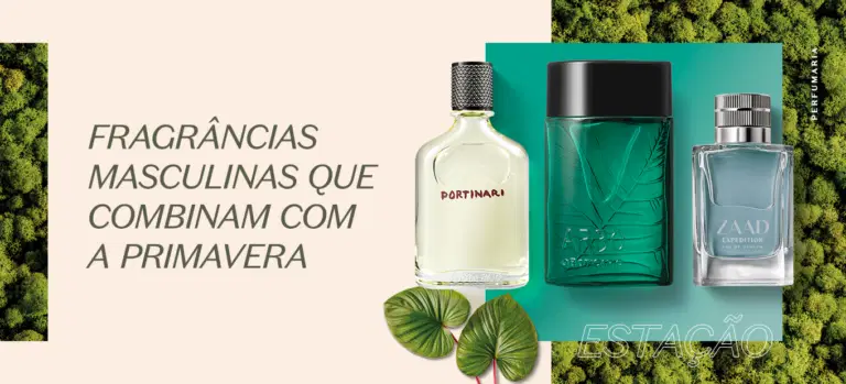 Imagem com frasco das fragrâncias masculinas do Boticário. O texto diz: "Fragrâncias masculinas que combinam com a primavera"