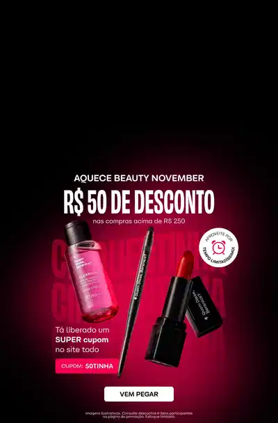 Campanha Aquece Beauty novembro com desconto de R$50 em compras acima de R$250. Imagem apresenta três produtos de beleza sobre fundo vermelho degradê: frasco de Body Splash rosa, lápis delineador preto e batom vermelho. Destaque para cupom super disponível no site. Botão "Vem Pegar" convida à ação.