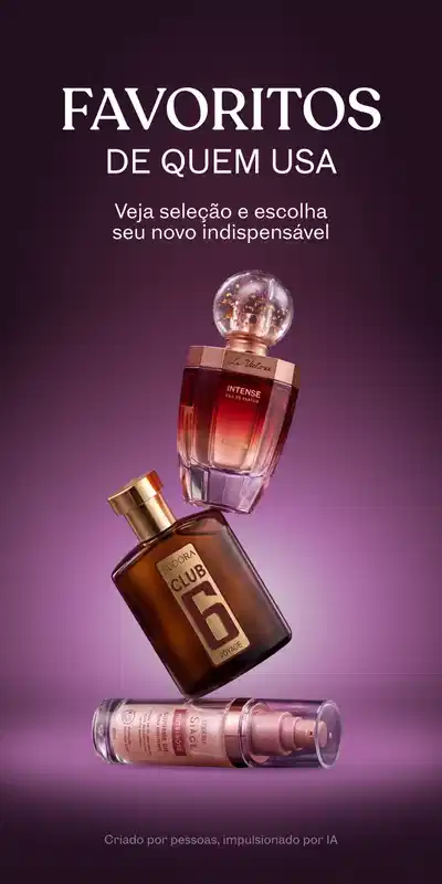 Três produtos empilhados flutuantes sobre fundo roxo comunicando os produtos mais amados pela comunidade de Eudora.