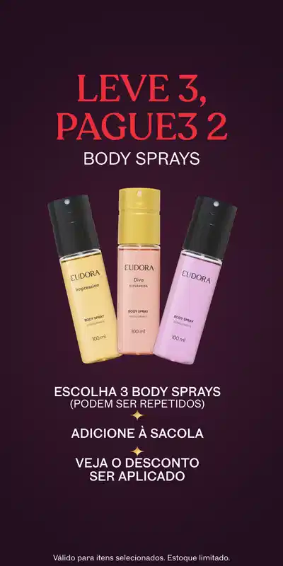 Três frascos de Body Sprays um ao lado do outro, sobre fundo roxo, comunicando a promoção leve 3 pague 2.