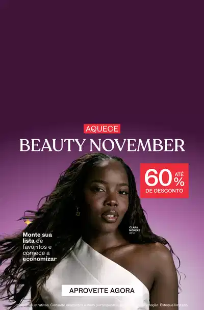 Mulher negra com cabelo longo preto, em fundo degradê roxo comunicando o Aquece Beauty November com até 60% de desconto.