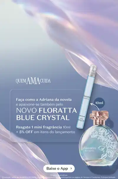 Fundo azul com elementos decorativos em tons lilás e branco comunicando o resgate do mimo do lançamento de Floratta Blue Crystal.
