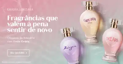 A imagem apresenta diversos itens de perfumaria O Boticário em fundo lilás e o fundo mostra que são fragrâncias que valem a pena sentir de novo.