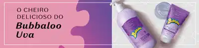 Frascos brancos com rótulos em tons de azul e amarelo em fundo branco e, ao lado, em fundo rosa, letras mostrando se tratar de produtos com o cheiro delicioso do Bubbaloo uva.