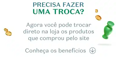 Ilustração pequena de um item de maquiagem e outro de perfumaria e letras verdes dizendo onde você pode trocar as suas compras.