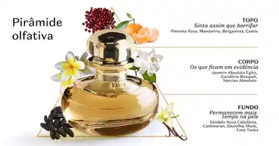 Pirâmide olfativa com um frasco de perfume dourado em destaque, rodeado por flores, frutas cítricas e especiarias. Abaixo, informações sobre as notas de topo, corpo e fundo da fragrância.