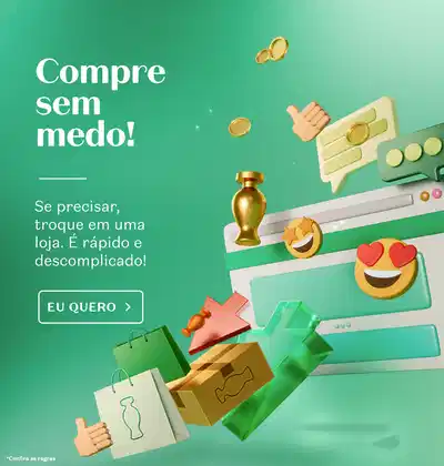 Ilustração de vários itens, como sacolinha O Boticário, emoji, frasco de desodorante colônia, caixa e muitos outros voando em fundo verde e letras brancas confirmando que você pode comprar sem medo.