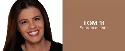 A imagem mostra uma mulher sorrindo, com cabelos escuros e olhar amigável. O texto acima da imagem diz "TOM 11 Subtom quente".