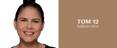 A imagem mostra o retrato de uma mulher sorridente com cabelos escuros presos em um coque. O texto ao lado informa que se trata de TOM 12, Subtom oliva.