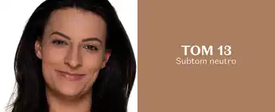 A imagem mostra uma mulher de cabelos escuros sorrindo em um fundo bege. Abaixo da imagem, há o texto "TOM 13 Subtom neutro".