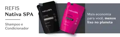 Fundo cinza e branco mostrando embalagens refis de produtos Nativa SPA e texto mostrando que esse tipo de produto gera economia para você e menos lixo no planeta.