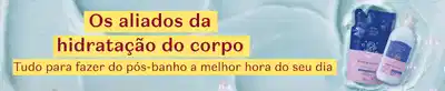 Imagem de dois frascos de produtos Cuide-se Bem em fundo lilás e texto contando sobre os aliados da hidratação do corpo.