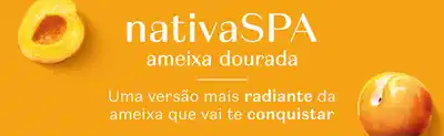 Fundo laranja com imagens de ameixa amarela e texto falando sobre a linha Nativa SPA Ameixa Dourada.