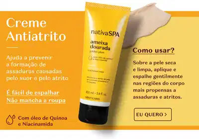 Bisnaga laranja com tampa preta de creme antiatrito Nativa SPA Ameixa Dourada com texto falando sobre o produto.