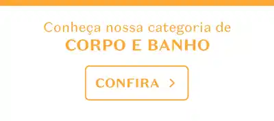 Fundo amarelo-claro com faixa laranja na parte superior e convite a conhecer a categoria de corpo e banho.
