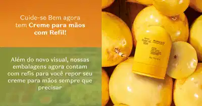 Diversos limões amarelo com texto convidando a conhecer o novo creme para mãos com refil da marca Cuide-se Bem.