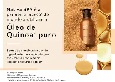 Frasco dourado com tampa dosadora preta de óleo corporal e texto falando sobre a linha Nativa SPA Quinoa.