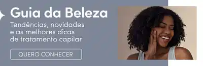 A imagem mostra uma mulher sorridente, de cabelos cacheados, com o título "Guia da Beleza" sobre tendências e tratamentos capilares.