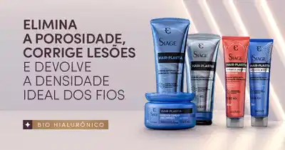 O banner mostra vários frascos da linha Siàge Hair Plastia, incluindo shampoos e máscaras capilares em tons azuis e vermelhos. O texto destaca os benefícios dos produtos, como eliminar a porosidade e corrigir lesões