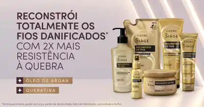 A imagem mostra vários produtos da linha "Reconstrói os Fios" da marca Eudora Siàge, com destaque para frases ressaltando os benefícios para cabelos danificados.