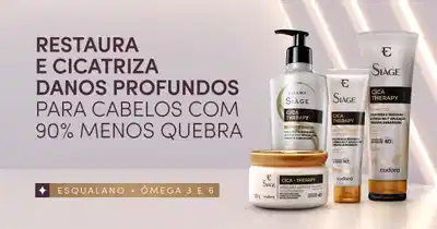 A imagem mostra uma variedade de produtos da linha de tratamento capilar Siàge Cica Therapy, incluindo shampoo, condicionador e máscara capilar, com destaque para a formulação com 90% menos quebra dos fios.