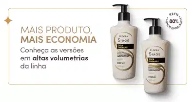 O banner mostra dois frascos de produtos para cabelos da marca Eudora Stage com a descrição "Mais produto, mais economia" em português, incentivando a conhecer versões maiores.