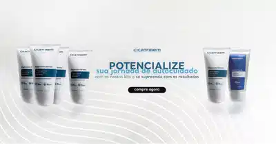 A imagem mostra embalagens de um produto chamado Cicatribem, para regeneração dérmica, com um slogan "Potencialize sua jornada de autocuidado" ao centro e um botão "compre agora".
