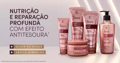 A imagem apresenta vários produtos cosméticos da linha "Nutri Rose" da marca Siâge, em tons de rosa.