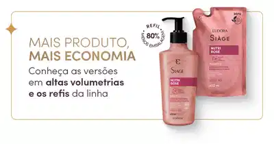 A imagem mostra produtos capilares Siàge Nutri Rose em embalagens de diferentes tamanhos, incluindo refis, com frase sobre economia em grandes volumes.
