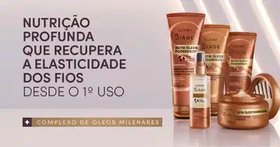 O banner exibe frascos da linha de produtos "Nutri Oleos Poderosos" da marca Siàge para recuperar a elasticidade dos fios de cabelo desde o primeiro uso. Na imagem, veem-se shampoo, creme de tratamento, condicionador e máscara.