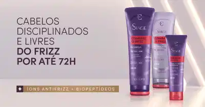 A imagem mostra uma linha de produtos de cabelo para combater o frizz, incluindo shampoo, condicionador e máscara capilar, da marca Stage.