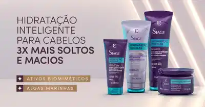 A imagem mostra produtos de tratamento capilar da linha "Siàge Hidratação Micelar" em tons de roxo e azul, prometendo hidratar e deixar os cabelos 3x mais soltos e macios.