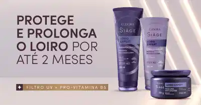 Imagem de produtos para cabelos lisos e com bloqueio do frizz da linha Loiro Expert da marca Eudora Stage.