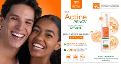 A imagem mostra um banner publicitário para um produto de cuidado da pele antiacne chamado "Actine Renov". Destaca os principais benefícios do produto, como redução de acne e melhora na textura da pele.