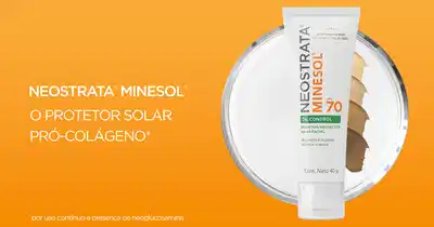Banner de produto com tom laranja promovendo protetor solar Neostrata Minesol com pró-colágeno.