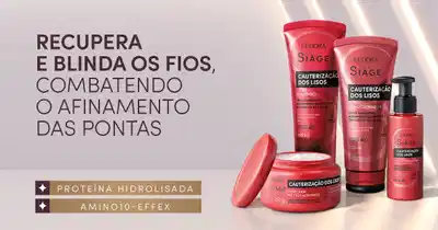 A imagem mostra produtos de cabelo da linha Siàge para cauterização dos lisos e combate ao afinamento das pontas. Os produtos são shampoo, condicionador, máscara e leave-in em tons de vermelho.