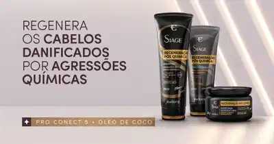 A imagem mostra produtos de uma linha capilar chamada Siàge para regeneração de cabelos danificados por agressões químicas, incluindo shampoo, condicionador e máscara.