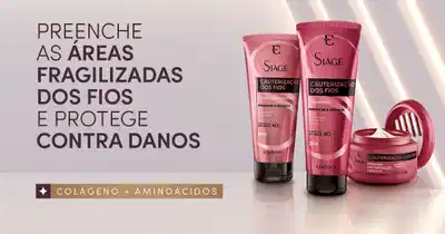 O banner mostra produtos de beleza da marca Siàge em tons de rosa, com a descrição "Preenche as áreas fragilizadas dos fios e protege contra danos".