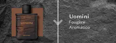 A imagem mostra um frasco de fragrância masculina Uomini Tradicional ao lado do olfativo Fougère Aromático.