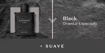 A imagem mostra um frasco de fragrância masculina Uomini Black ao lado do olfativo Oriental Especiado.