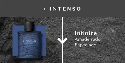 A imagem mostra um frasco de fragrância masculina Uomini Infinite ao lado do olfativo Amadeirado Especiado.