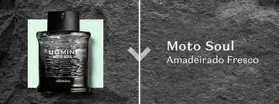 A imagem mostra um frasco de fragrância masculina Uomini Moto Soul ao lado do olfativo Amadeirado Fresco.