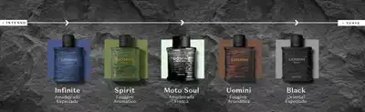 A imagem mostra cinco frascos da fragrância da marca Uomini, em diferentes cores e famílias olfativas.
