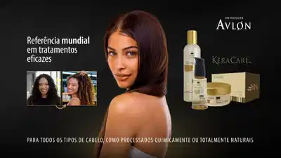 Banner publicitário de produtos de tratamento capilar Avlon KeraCare para todos os tipos de cabelo.