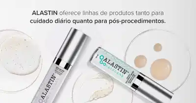 A imagem mostra dois produtos cosméticos da marca Alastin, um creme e um sérum, dispostos sobre uma superfície branca.