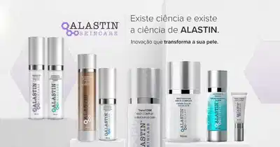 A imagem mostra dois produtos cosméticos da marca Alastin, um creme e um sérum, dispostos sobre uma superfície branca.
