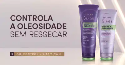 O banner mostra dois produtos para cabelos oleosos da marca Eudora Siàge: um shampoo e um condicionador roxos.