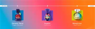 A imagem mostra três frascos de fragrâncias com designs coloridos e nomes: Quasar Next, Sophie e Memórias.