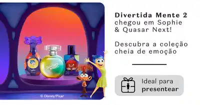 O banner mostra os personagens do filme "Divertida Mente 2" e frascos das fragrâncias inspiradas no filme.